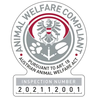 Animal Welfare Compliant, pursuant to Art. 18 Austrian Animal Welfare Act, Inspection Number 202112001. Texte en anglais.