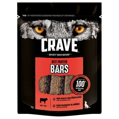 Crave Beef Protein Bars, elaboradas con 100% carne de vacuno natural. Sin colorantes ni aromatizantes artificiales añadidos. Con cierre Freshness-Zip. Tamaño: 76g.