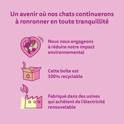 Un avenir où nos chats continuerons à ronronner en toute tranquillité. Nous nous engageons à réduire notre impact environnemental. Cette boîte est 100% recyclable. Fabriqué dans des usines qui achètent de l’électricité renouvelable.