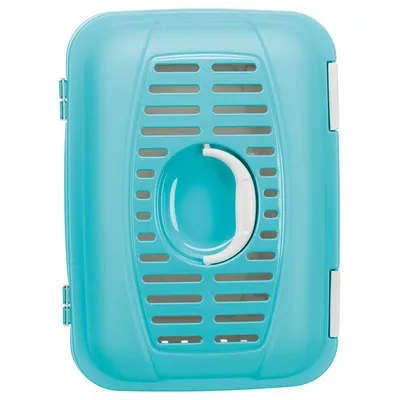 Door of a turquoise transport box with ventilation slots and white handle, suitable for pets.