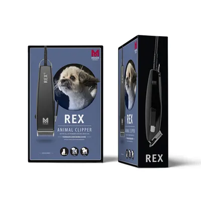 Moser REX Animal Clipper æske med billede af klippemaskine og hund, teksten 'REX ANIMAL CLIPPER', ikoner for hund, kat og kanin. Synlig tekst: 'Made in Germany'.