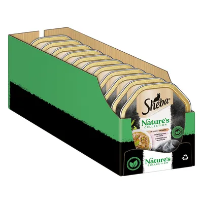 Multipack Sheba Nature's Collection, viditeľné vaničky v kartónovom balení, text: Nature's Collection, recyklačný symbol, obrázok mačky a krmiva na obale.