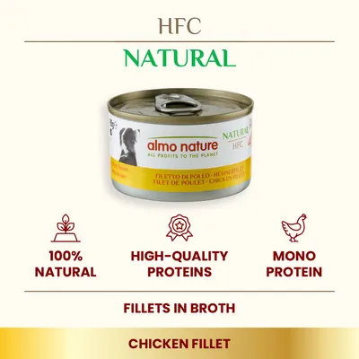 almo nature HFC Natural chicken fillet can, text: 100% natural, high-quality proteins, mono protein, fillets in broth, chicken fillet, all profits to the planet