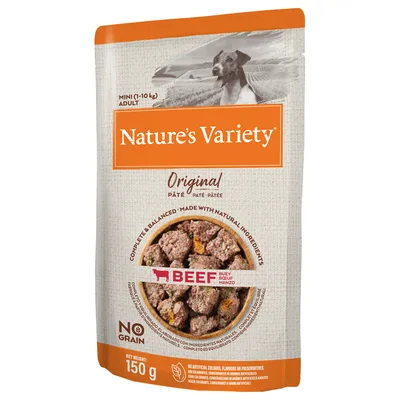 Nature's Variety Original Pâté med oksekød, Mini Adult (1-10 kg), 150 g, uden korn, lavet af naturlige ingredienser.