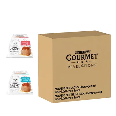 Purina Gourmet Revelations. Mousse com salmão e atum, coberta com molho. Embalagem mostra duas doses para gatos.