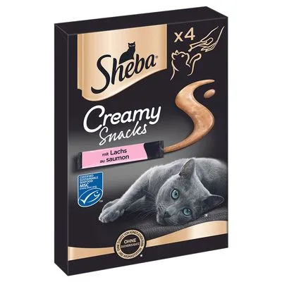 Sheba Creamy Snacks met Lachs au saumon, verpakking van 4 stuks. MSC-keurmerk zichtbaar. Zonder kleurstoffen en conserveermiddelen. Afbeelding van een grijze kat op de verpakking.