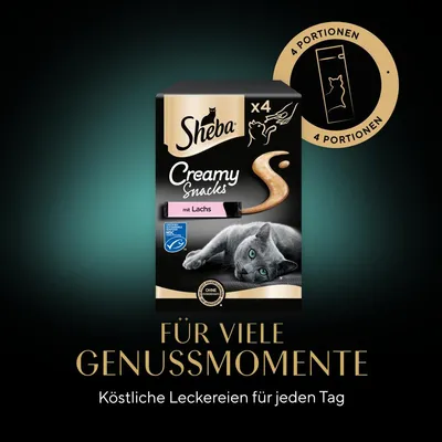 Sheba Creamy Snacks mit Lachs, 4 Portionen. Köstliche Leckereien für jeden Tag. Ohne künstliche Farb- und Konservierungsstoffe. MSC-zertifiziert.
