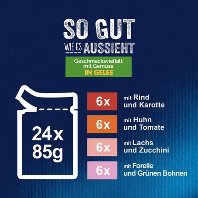 So gut wie es aussieht. Različni okusi z zelenjavo v želeju: 24x85g, 6x z govedino in korenjem, 6x s piščancem in paradižnikom, 6x z lososom in bučko, 6x s postrvjo in zelenim fižolom.
