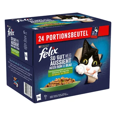 Opakowanie Purina Felix So Gut Wie Es Aussieht, 24 saszetki porcji. Widoczny kot i miska karmy. Smaki: wołowina, kurczak, łosoś, pstrąg, indyk, warzywa w galarecie.