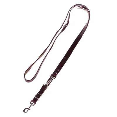 Adjustable brown leather lead with metal clips and buckle, shown fully extended to display fastening points and length options.