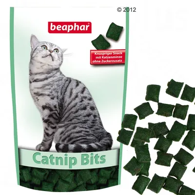 beaphar Catnip Bits, snack croccante con erba gatta senza zuccheri aggiunti (testo in tedesco), confezione con immagine di gatto e snack verdi visibili.