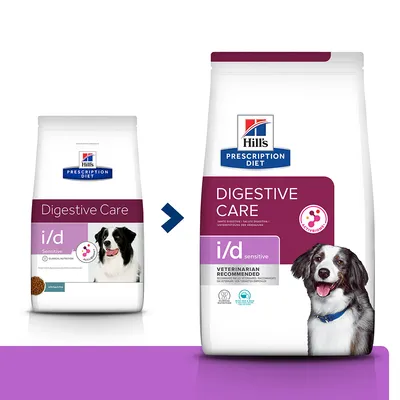 To poser Hill's Prescription Diet Digestive Care i/d Sensitive hundefoder med billede af hund og teksten 'Veterinarian Recommended' samt synlige mærker for ActivBiome+ og klinisk ernæring.