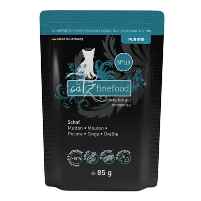 catz finefood Nr. 113, Schaf, 85g. Monoprotein, High Premium, getreidefrei, ohne Tierversuche, hergestellt in Deutschland. 98% Fleischanteil, ohne Zuckerzusatz.