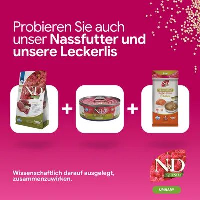 Probieren Sie auch unser Nassfutter und unsere Leckerlis. Wissenschaftlich darauf ausgelegt, zusammenzuwirken. N&D Quinoa Urinary Produkte abgebildet.