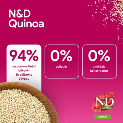 N&D Quinoa. 94 % kvalitných živočíšnych bielkovín, 0 % obilnín, 0 % umelých konzervačných látok. Urinary. N&D Quinoa. 94 % kvalitných živočíšnych bielkovín, 0 % obilnín, 0 % umelých konzervačných látok. Urinary.