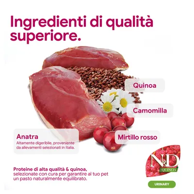 Componenti: anatra, quinoa, camomilla, mirtillo rosso. Proteine di alta qualità e quinoa per un alimento equilibrato. Anatra proveniente da allevamenti selezionati italiani. N&D Quinoa Urinary. Componenti: anatra, quinoa, camomilla, mirtillo rosso. Proteine di alta qualità e quinoa per un alimento equilibrato. Anatra proveniente da allevamenti selezionati italiani. N&D Quinoa Urinary.