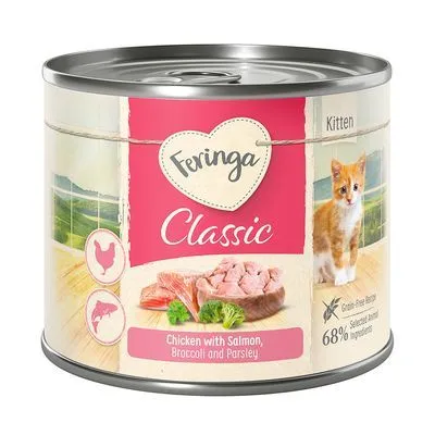 Feringa Classic Kitten, pâtée pour chaton, poulet avec saumon, brocoli et persil, 68 % ingrédients d’origine animale, sans céréales, boîte de conserve illustrée avec un chaton.