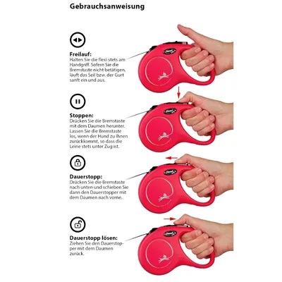 Instructions for Flexi lead: free run, stop, permanent stop and release permanent stop. Guide shows hand movements and button functions for operating the lead.