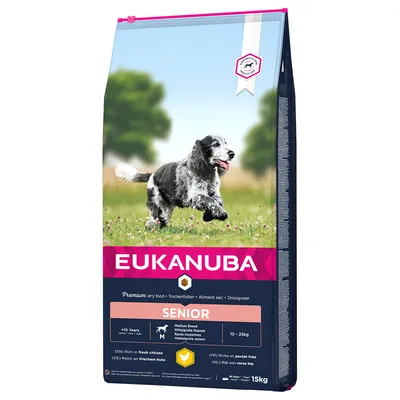 Eukanuba Senior hrană uscată pentru rase medii, de la 10 ani, bogată în carne proaspătă de pui, pachet de 15 kg.