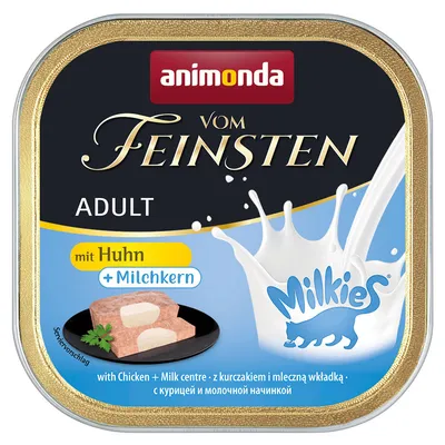 Animonda Vom Feinsten Adult med kyckling och mjölkkärna. Serveringsförslag: köttbit med mjölfyllning på svart tallrik. Milkies-logotyp med katt synlig.