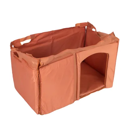 Oranssi kangasleikkikehä, jossa avoin sisäänkäynti ja kantokahvat sivuilla. Ei näkyvää tuotemerkkiä tai tekstiä.