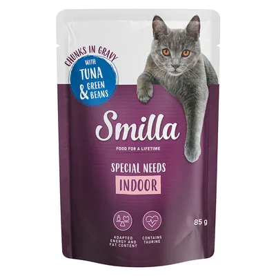 Smilla Special Needs Indoor Katzenfutter, Stücke in Sosse mit Thunfisch und grünen Bohnen, angepasstes Energie- und Fettgehalt, enthält Taurin, 85 g.