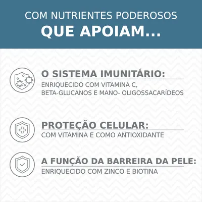 Com nutrientes poderosos que apoiam o sistema imunitário, proteção celular e função da barreira da pele. Enriquecido com vitamina C, E, beta-glucanos, mano-oligossacarídeos, zinco e biotina.