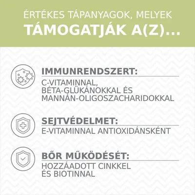 Értékes tápanyagok, melyek támogatják az immunrendszert (C-vitamin, béta-glükánok, mannán-oligoszacharidok), sejtvédelmet (E-vitamin antioxidánsként), bőr működését (cink, biotin).