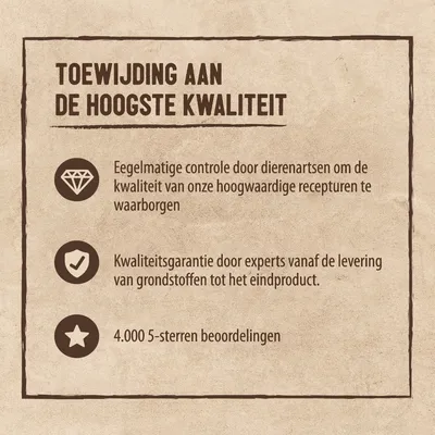 Toe­wijding aan de hoogste kwaliteit: regelmatige controle door dierenartsen, kwaliteitsgarantie door experts, 4.000 5-sterren beoordelingen. Alle tekst in het Nederlands.