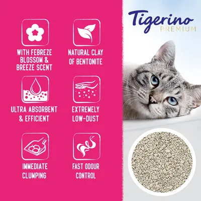 Tigerino Premium. Texto en inglés: with Febreze blossom & breeze scent, natural clay of bentonite, ultra absorbent & efficient, extremely low-dust, immediate clumping, fast odour control.