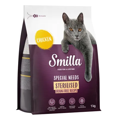 Smilla Special Needs Sterilised Grain-Free recept s kuracím mäsom, vyvážený obsah tuku a energie, omega mastné kyseliny, obsahuje taurín, Yucca Schidigera. Balenie 1 kg.