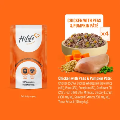 Chicken with peas and pumpkin pâté, showing key ingredients: chicken, brown rice, peas, pumpkin. Contains four packs. Ingredients and nutritional benefits listed for reference.