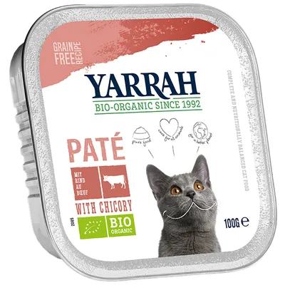 Yarrah BIO-ORGANIC SINCE 1992, PATÉ mit Rind au Boeuf, WITH CHICORY, BIO ORGANIC, Grain Free Recipe, 100 g. Billede af kat på emballagen.