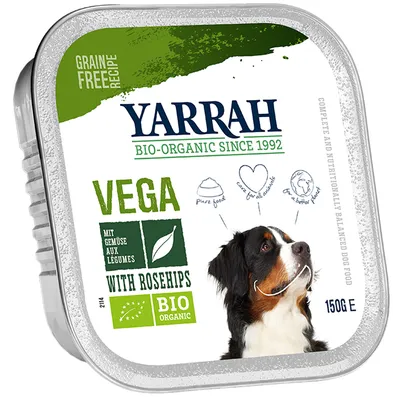 Envase de comida para perros Yarrah Bio-Organic Vega con rosa mosqueta, 150 g. Texto visible: grain free recipe, mit gemüse aux légumes, with rosehips, bio organic, pure food, care for all animals.