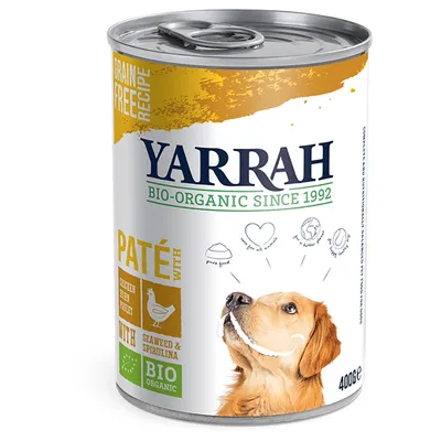 Yarrah Bio-Organic Since 1992, Paté with chicken, seaweed & spirulina, BIO ORGANIC, Grain Free Recipe, dåse med hundebillede, 400 g