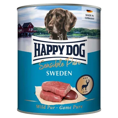 Happy Dog Sensible Pure Sweden, Wild Pur. Vyrobené v Nemecku. Konzerva s obrázkom kúskov mäsa a psou hlavou.