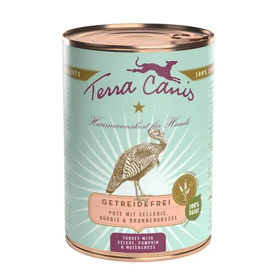 Консерва Terra Canis, надпис: Getreidefrei, пуешко със селъри, тиква и кресон. 100% Natur. Turkey with celery, pumpkin & watercress.