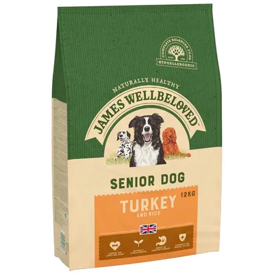 James Wellbeloved Senior Dog Turkey and Rice 12 kg, hypoallergeeninen koiranruoka. Pakkauksessa brittilippu ja tekstit: support for joints and heart, naturally hypoallergenic, gentle on sensitive tummies.