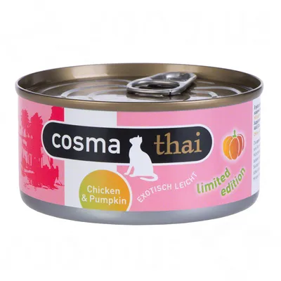 Puszka Cosma Thai Chicken & Pumpkin, limited edition. Na etykiecie widoczne: dynia, napis 'exotisch leicht', różowe tło z sylwetką kota.