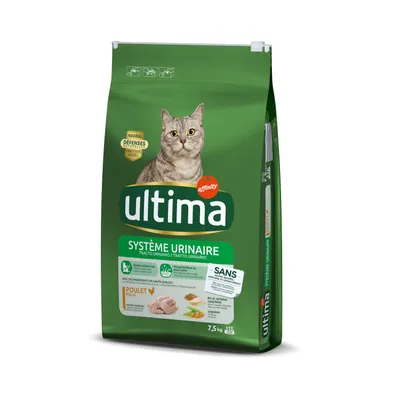Ultima Système Urinaire -kuivaruoka kissoille, kanaa, 7,5 kg. Pakkauksessa näkyy kissan kuva ja tekstiä ranskaksi, kuten 'sans colorants', sekä painomerkintä 7,5 kg.