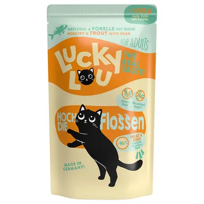 Lucky Lou Hoch die Flossen, 125 g, volaille et truite avec poire, pour chats adultes, sans céréales, sans sucre ajouté, plus de 96 % viande et poisson, Made in Germany. Texte en anglais/allemand.