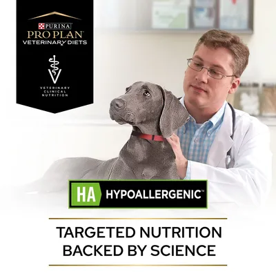Purina Pro Plan Veterinary Diets, HA Hypoallergenic. Targeted nutrition backed by science. Veterinary clinical nutrition badge visible.