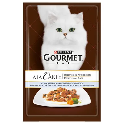 Purina Gourmet A la Carte. Przepisy szefa kuchni z rybą oceaniczną, kompozycją ryżu i warzyw, marchewką i szpinakiem.