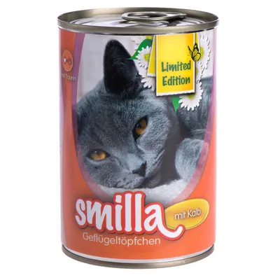 Smilla Geflügeltöpfchen s teľacím, limitovaná edícia, s taurínom. Krmivo pre mačky v konzerve s obrázkom sivej mačky.