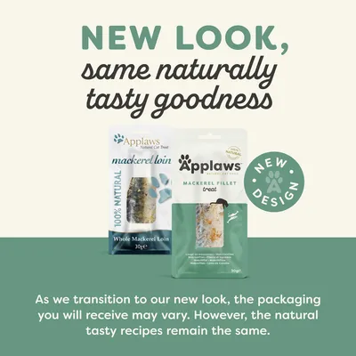 Announcement showing Applaws mackerel treat packaging changing to a new design. Text states packaging may vary but natural recipes remain unchanged.
