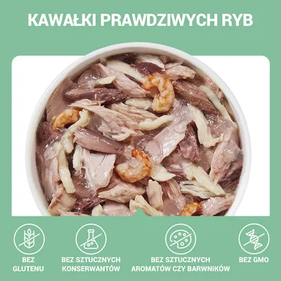 Kawałki prawdziwych ryb w misce. Ikony i tekst: bez glutenu, bez sztucznych konserwantów, bez sztucznych aromatów czy barwników, bez GMO.