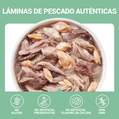Láminas de pescado auténticas en bol. Texto visible: no gluten, no conservantes artificiales, no sabores ni colores artificiales, non GMO (texto en inglés).