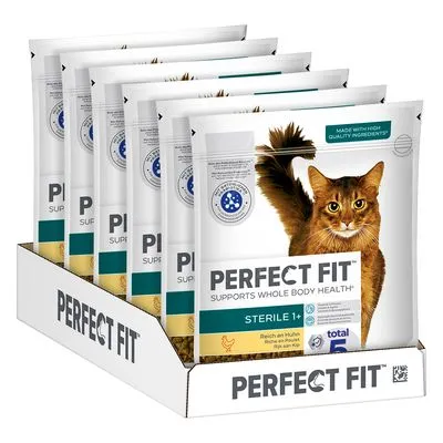 Perfect Fit Sterile 1+ kattenvoer, zichtbaar: afbeelding van kat, tekst 'Supports Whole Body Health', 'Reich an Huhn', verpakking in displaydoos met merknaam Perfect Fit.