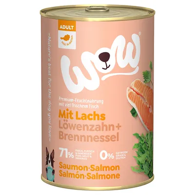 WOW Premium-Feuchtnahrung mit Lachs, Löwenzahn und Brennnessel. 71% Fisch, Fleisch & Innereien, 0% Getreide. Made in Austria. Für Erwachsene. Saumon/Salmon/Salmón/Salome.