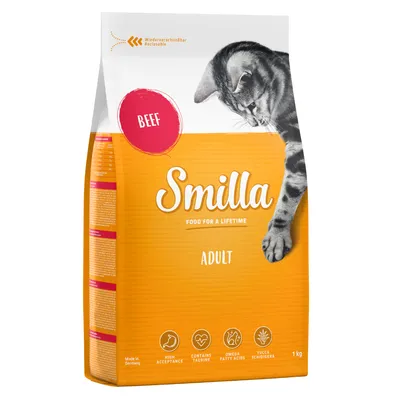 Smilla Adult tørfoder med oksekød, genlukkelig emballage, indeholder taurin, omega-fedtsyrer og yucca schidigera, høj accept, Made in Germany, 1 kg.